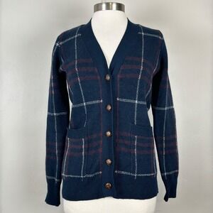 Women Dark Academia Heritage Timeless Old Money Cardigan Sz S Plaid Faux Leather